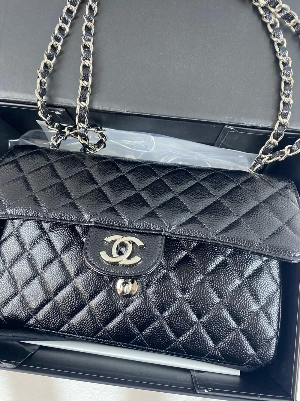 Chanel Black Quilted Caviar Leather Shoulder Bag with Silver Chain